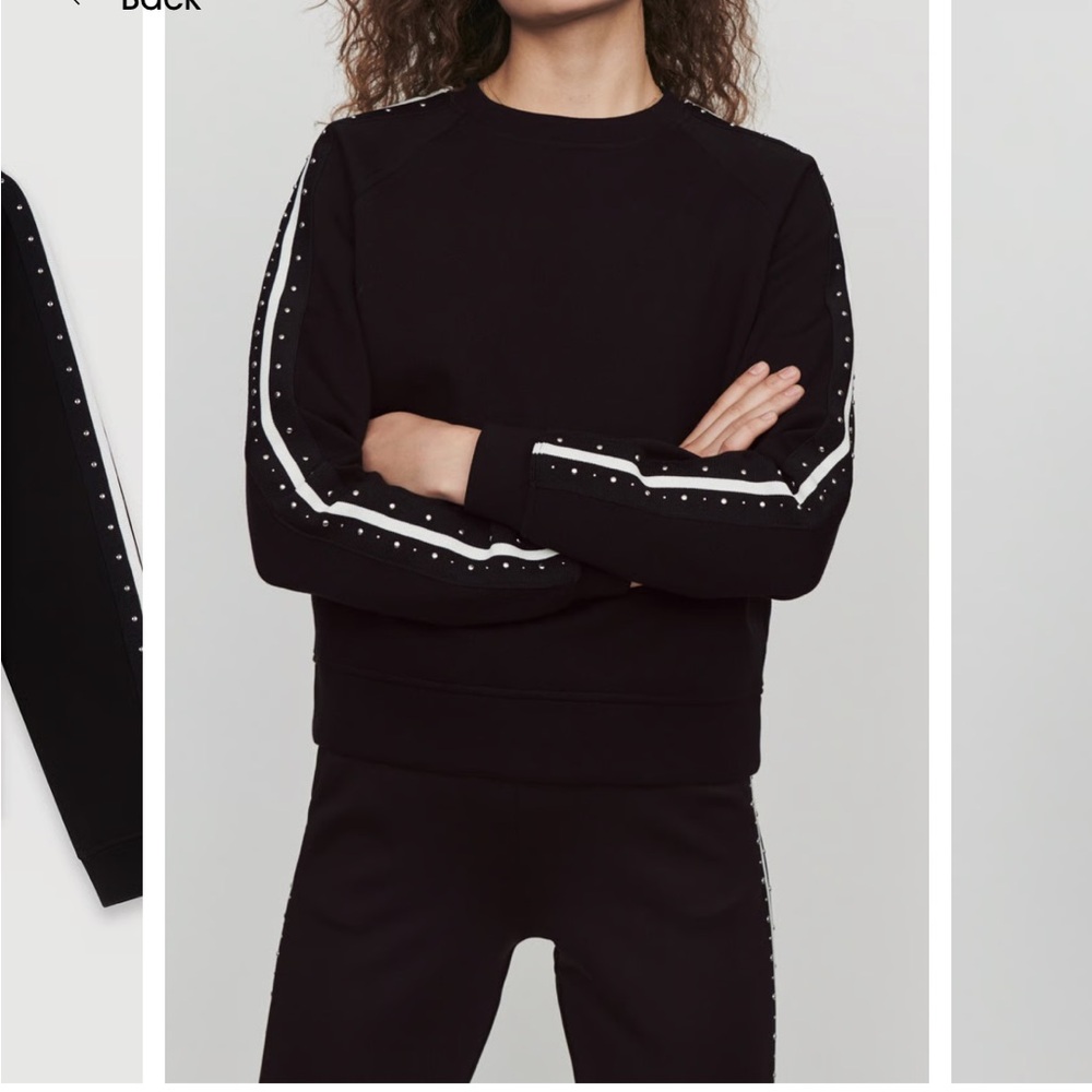 Maje Black Sweatshirt with White Striped Studded Sleeve Detail